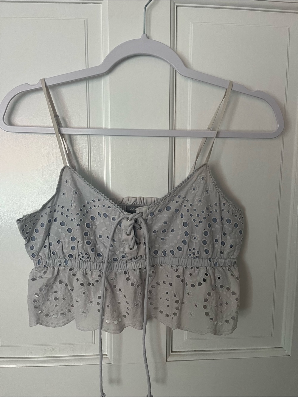 aerie Light Gray/pale blue Eyelet Lace-Up Cropped Cami